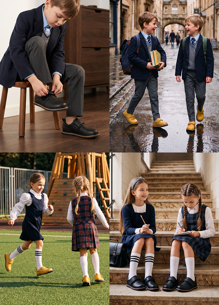 Kinder tragen Barfuß Lederschuhe auf dem Schulweg und beim Spielen im Freien auf dem Schulgelände